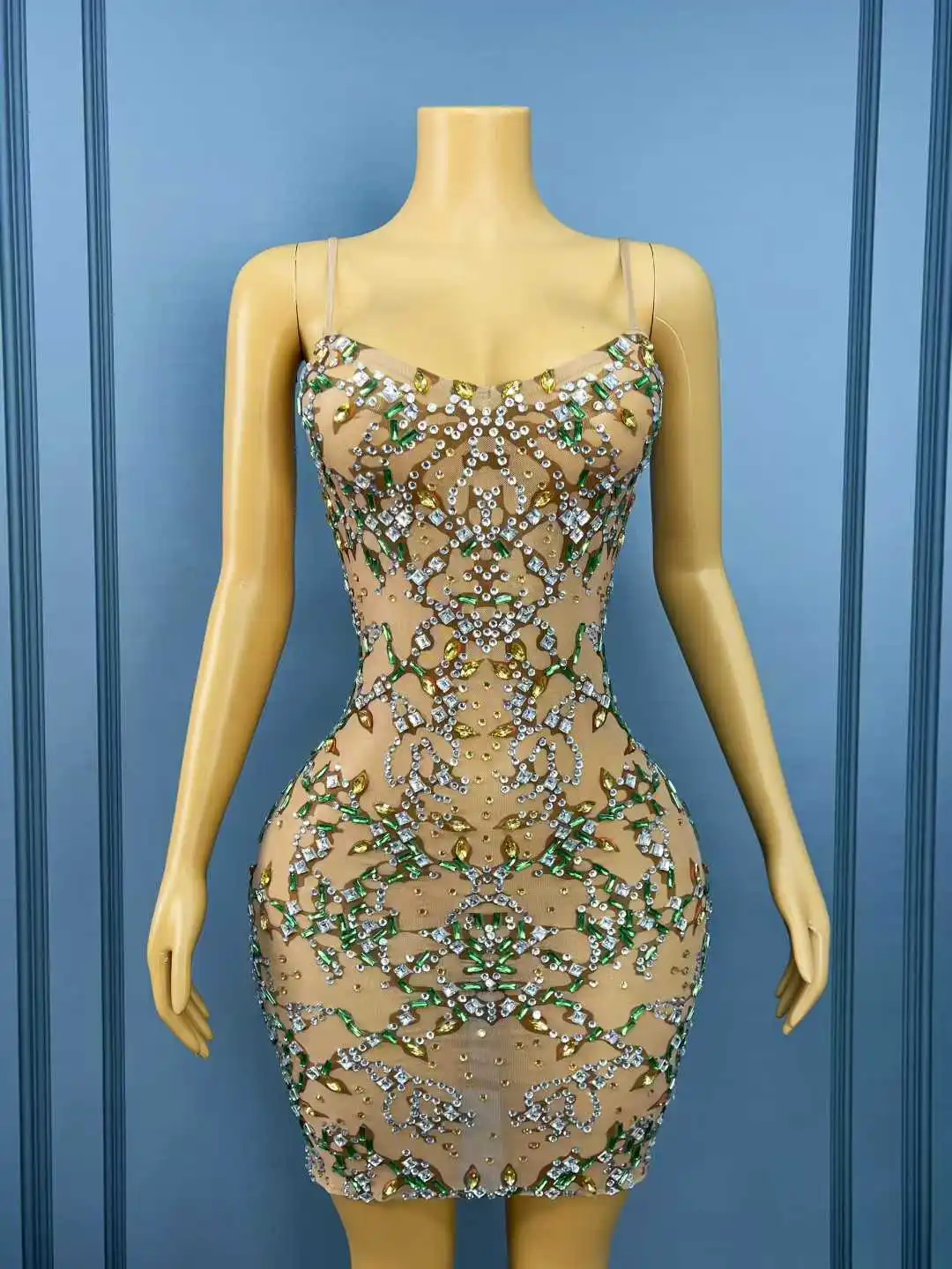 Damski seksowny strój wieczorowy, błyszczące dżety, dopasowana sukienka na ramiączkach z siateczki, na urodziny, koktajl, imprezę urodzinową, kostium.