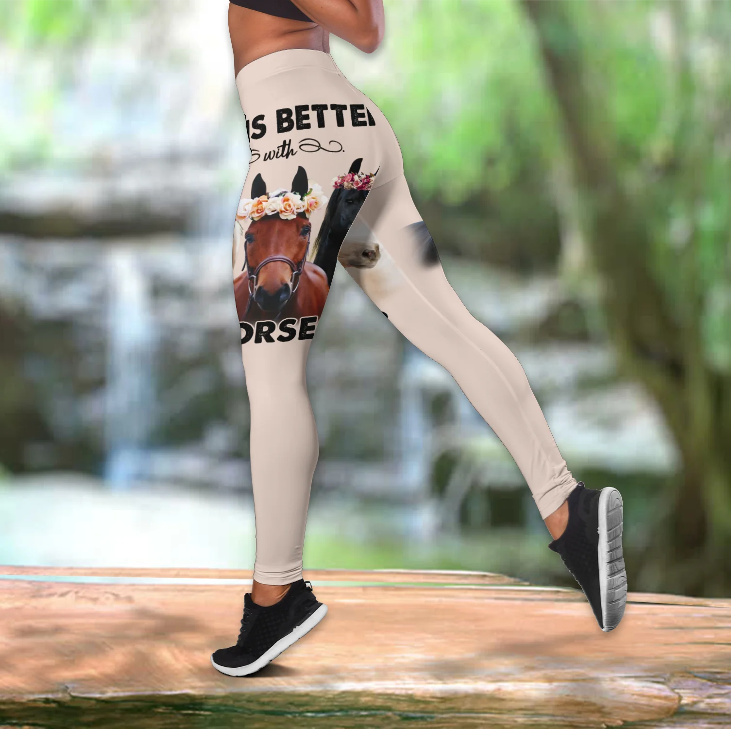 La vida es mejor con el caballo 3D completamente estampado hueco camiseta sin mangas y Leggings conjunto Fitness mujer mallas de longitud completa DDK87