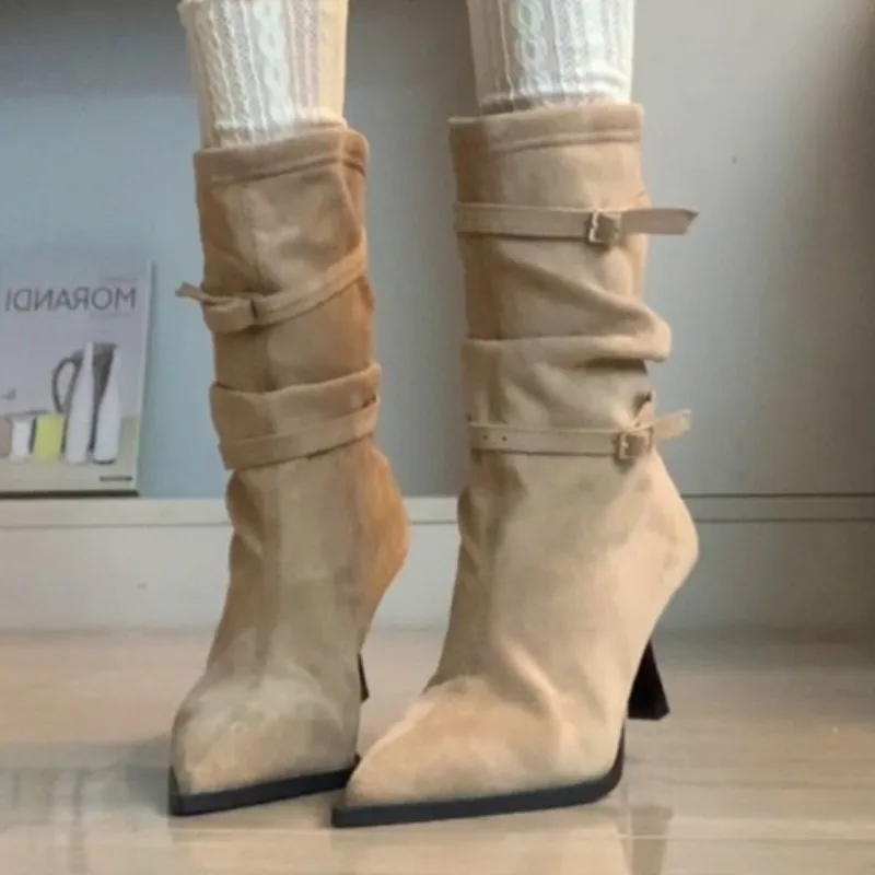 

Осенне-зимние женские универсальные модные эластичные ботильоны на остром каблуке-шпильке с нишевым дизайном, новинка 2025 года, ботинки для сращивания