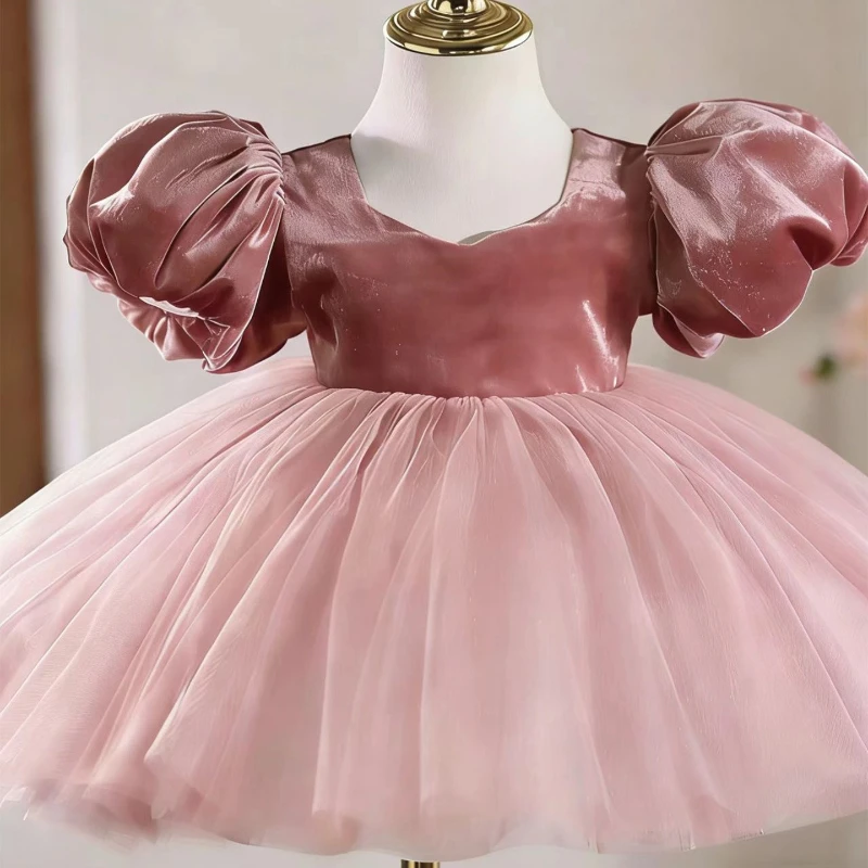 Kids Princess Dress Puff Sleeve New Children Tutu Skirt First Birthday Gown Elegant Evening Costume Baby Girl Formal Pageant