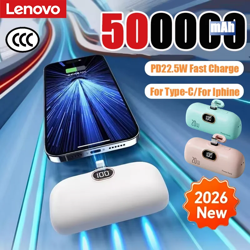 Batería Externa Portátil Lenovo de 500000mAh con Carga Rápida, Mini Power Bank para iPhone 16 15 14 Xiaomi Samsung