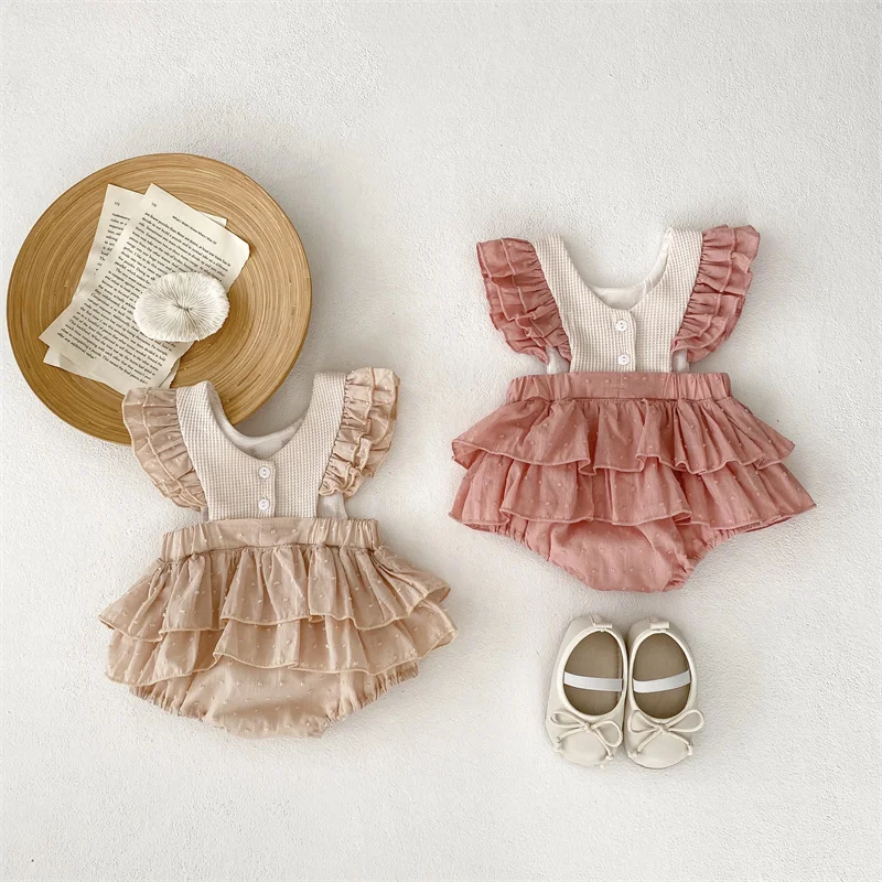 Ruffles Lace Baby Girls Romper Dress Summer Vintage Floral Infant Embroidery Jumpsuit for Toddler Girls One-Piece Clothing 0-24M