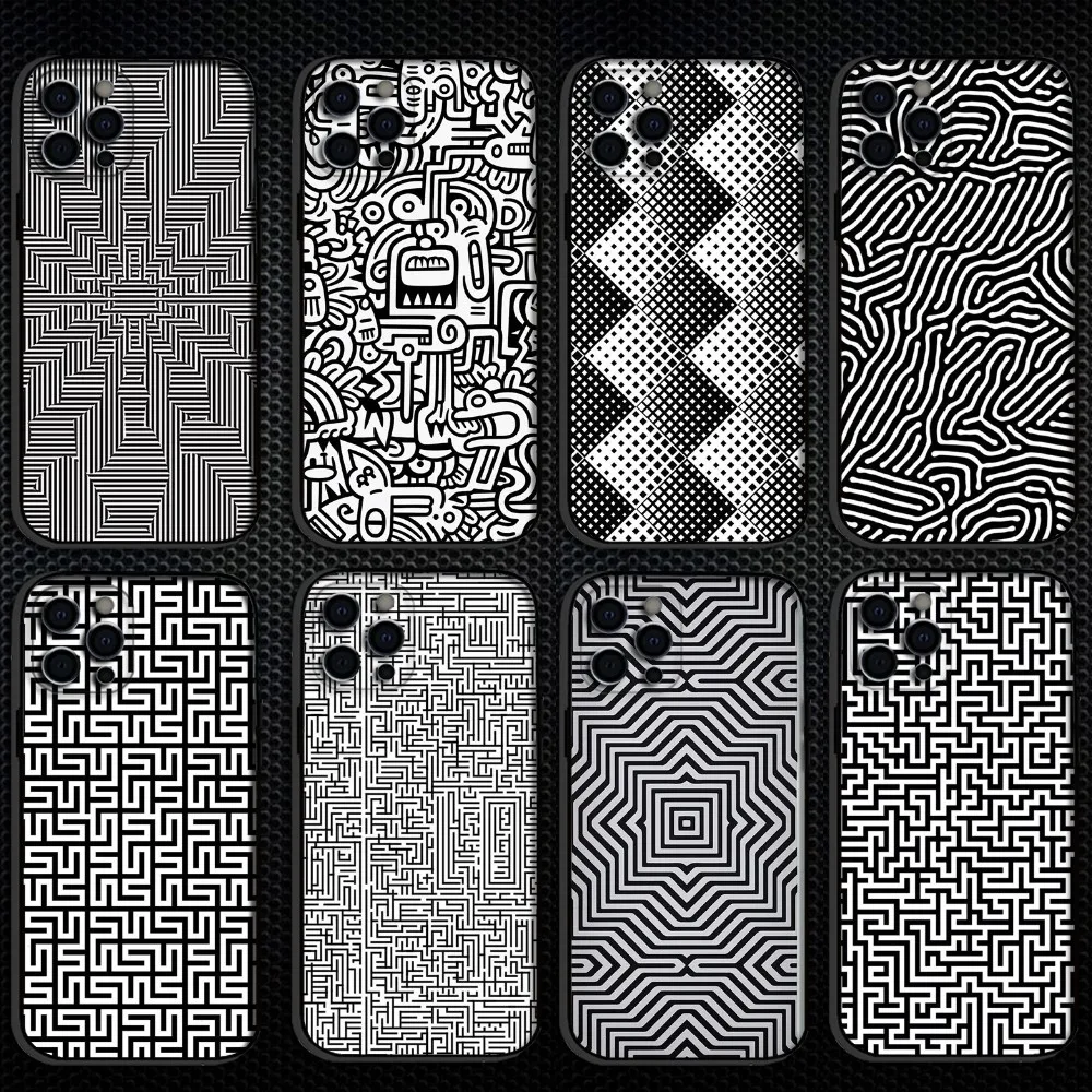 

Minimalist Geometric Maze Pattern Phone Case For iPhone 16,15,14,13,12,11 Plus,Pro Max, Soft Silicone Black Cover