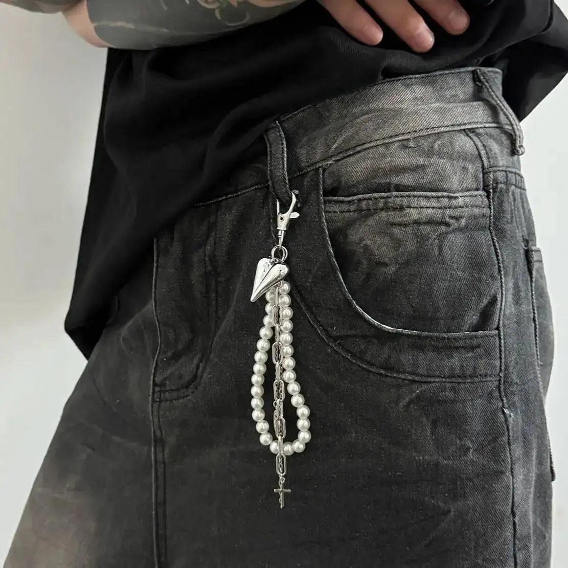 Salircon Hiphop Punk Imitation Perle Perle Schlüsselbund Männer Frauen Trendy Pfirsich Herz Form Quaste Dekoration Schmuck Hosen Kette Geschenk