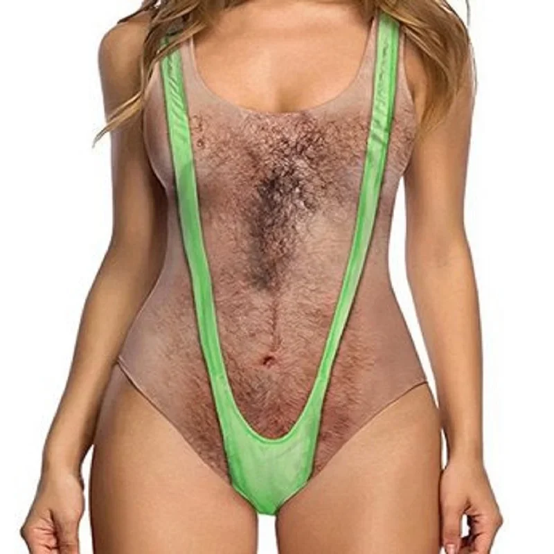 Funny Borat Reverse role One Piece Swimsuit Women Sexy 3D Chest Hair Bodysuit Female Monokini Beachwear Mermaid trajes de bano