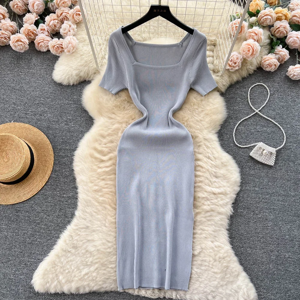 Green 2024 Sexy Summer Knit Short Sleeve Dress Women Squar Collar Waist Bodycon Sundress Female Beach  Backless Long Dress