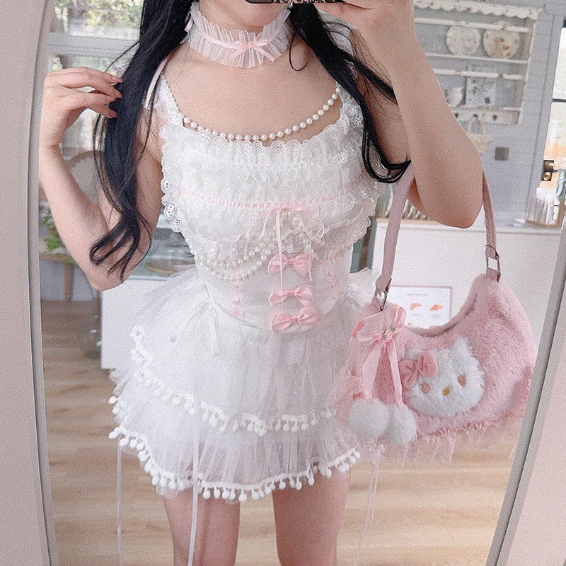 Cute Crop Tops for Sweet Girls Summer Lace Trim Bows Bead String Decoration Slim Cropped Lolita Style Tank Top Kawaii Clothes