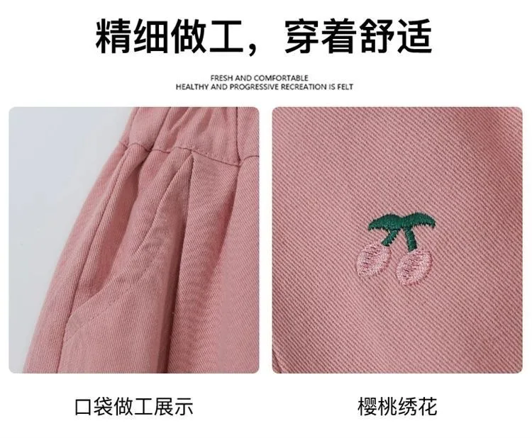 Neue Frühling-Herbst-Kinderhose mit Kirschstickerei, lockere Freizeithose für Mädchen, Stretch-Langhose für Schülerinnen, weiche Baby- und Kinderhose mit weitem Bein – Detail 2