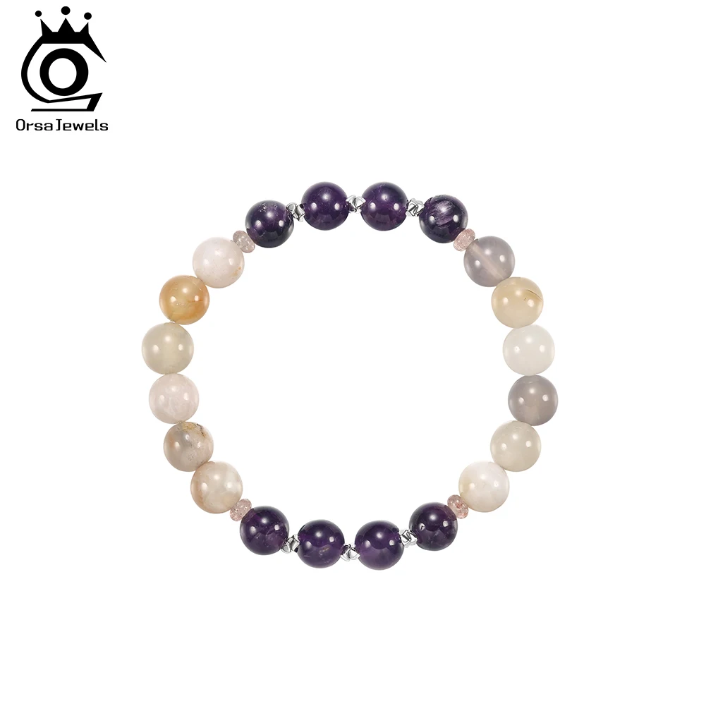 

ORSA JEWELS Natural Agate & Amethyst Sone Bracelet Women S925 Silver Beads Bracelet Wrist Chain Elastic Rope Jewelry Gift GMB101