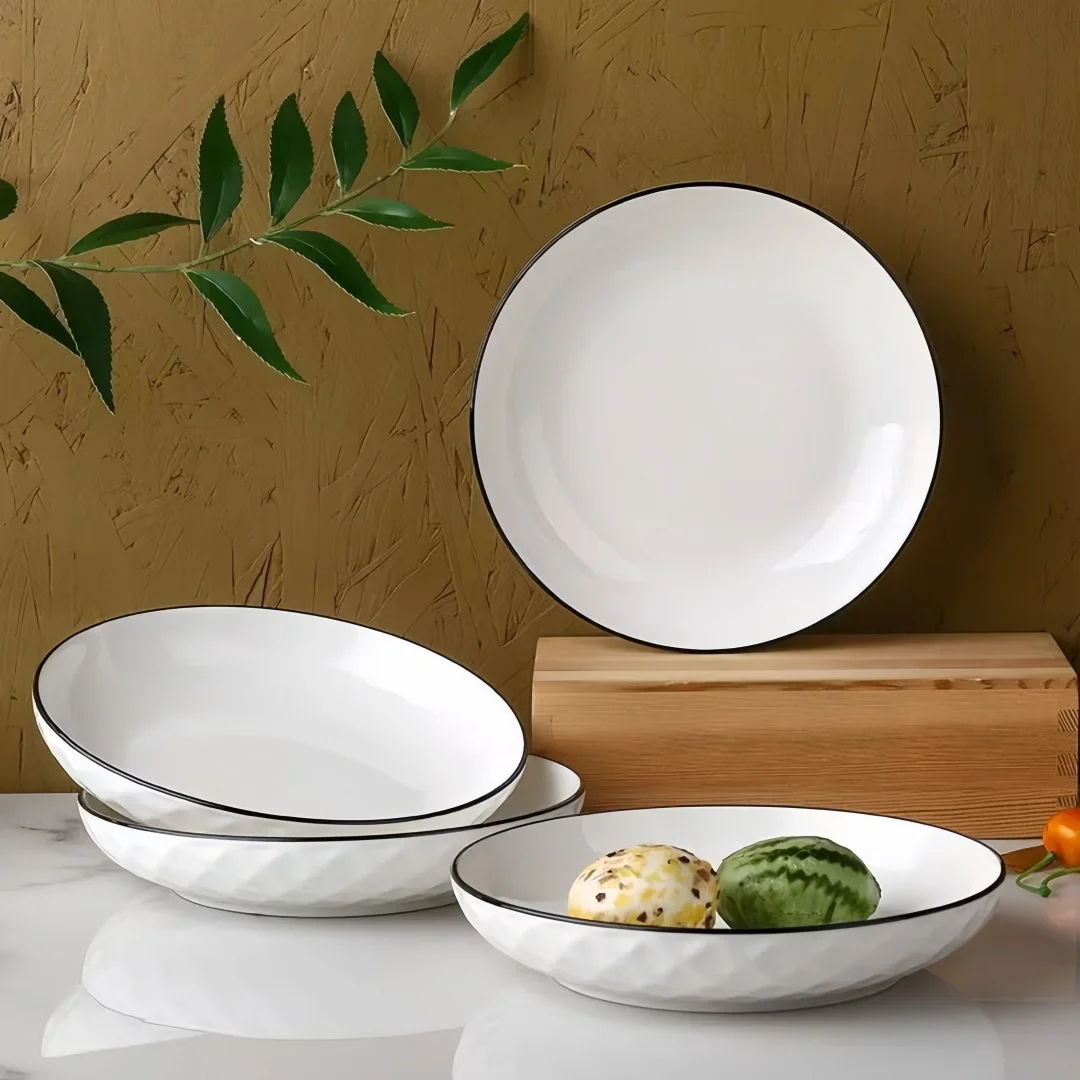 Minimalist Ceramic Bowl & Plate Set with Black Rim and 3D Diamond Texture, Nordic Style Embossed Porcelain Dinnerware Service