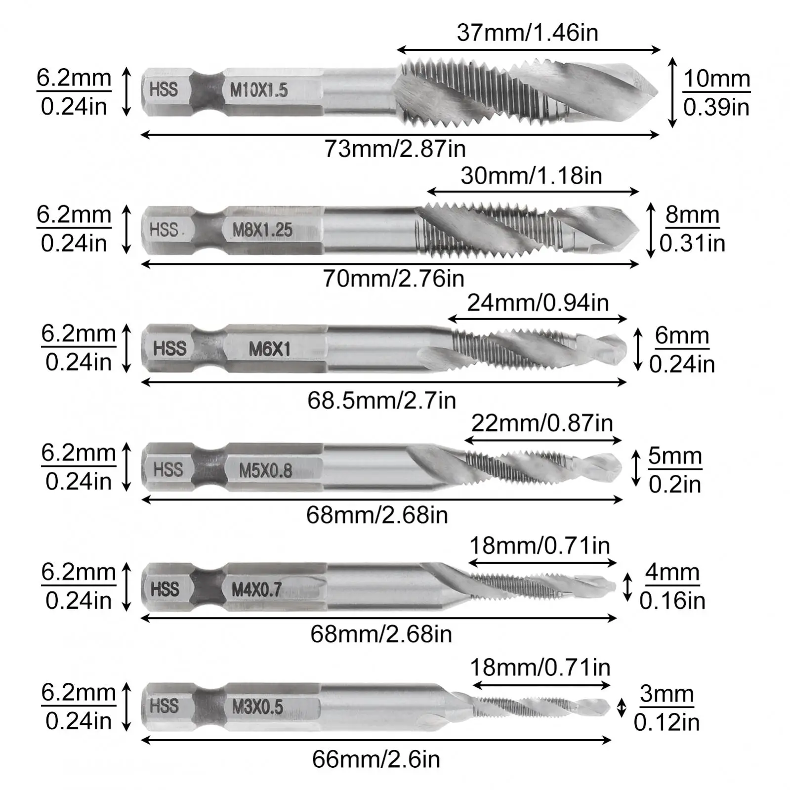 The Tap Adopts Spiral Groove Design 6pcs HSS 4341 Hex Shank Thread Metric Tap M3 M4 M5 M6 M8 M10 Tap Drill Bits