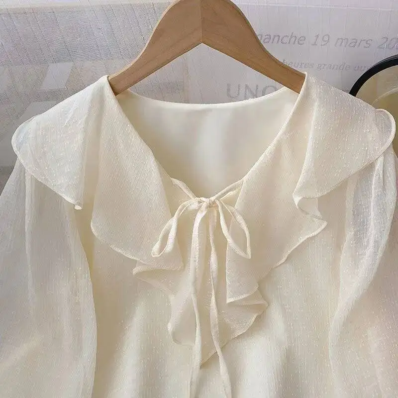 

Lucyever Casual Ruffles V-Neck Shirt Women All-Match Loose Bow Patchwork Blouse Ladies 2025 Spring Summer Long Sleeve Shirts