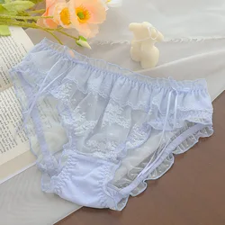 3XL Large Size Women Mesh Cute Lovely Sweety Princess Style Lolita Bow Ruffles Sexy Panties Transparent Underwear