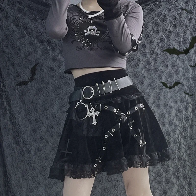 Gothic Harajuku Punk Black High Waist A-line Skirt for Girl, Cross Embroidered Lace Skirt, Sweet Cool, Gothic, Y2K