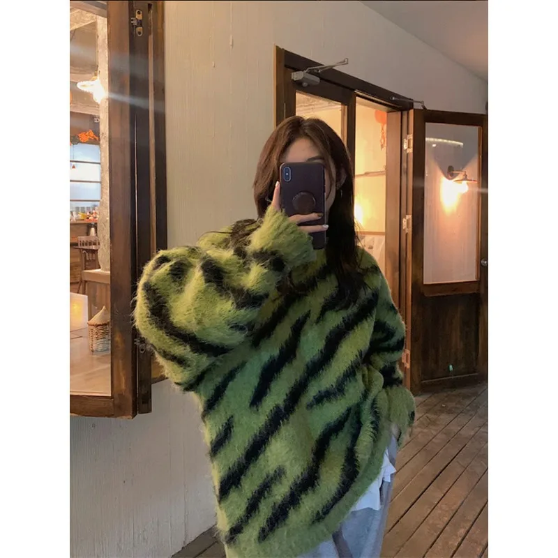 Koreaanse Warme Trui Luipaardprint Outwear Herfst En Winter Slouchy Losse Zachte Kleverige Halflange Trui Trui Pullover Vrouw