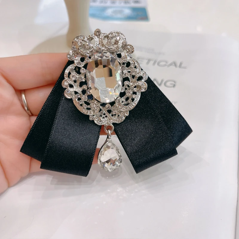 

New Rhinestone Bow Tie Brooch Fashion Women's Korean College Style Shirts Collars Flower Retro Crystal Ribbon Bowtie Black Red