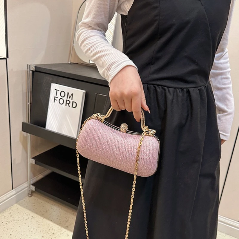 Crystal Hardcase Handbag Rhinestone Decor Top Handle Detachable Gold Link Chain Crossbody Bag for Evening Party Dating Outfits