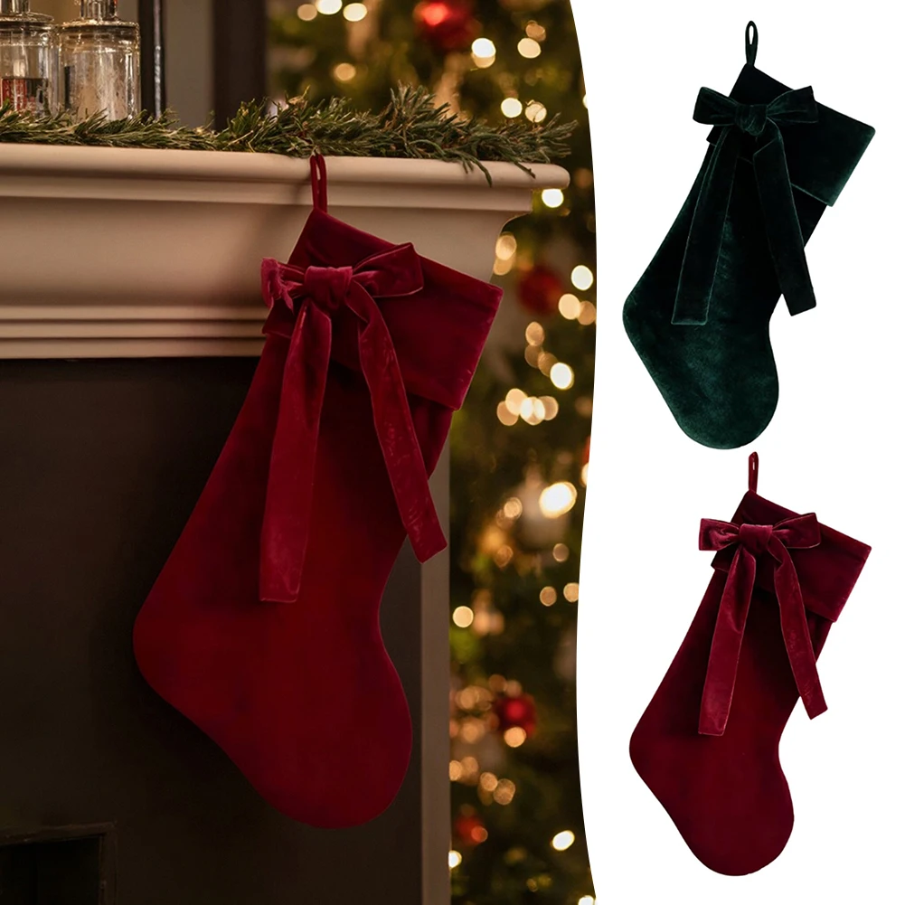 

Бархатные рождественские чулки с большими декоративными бантами, универсальные чулки, многоразовая подарочная сумка, декор для камина