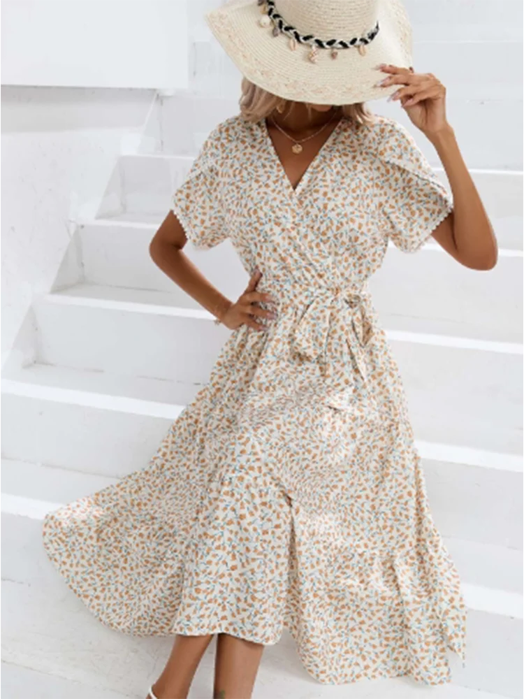 2024 neue V-Ausschnitt Blumen Kurzarm Kleid Frauen künstlerischen Strand urlaub Bohemian Style Sommerkleider