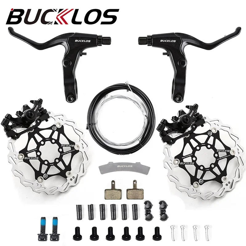 BUCKLOS Bicycle Mechanical Disc Brake Set Front Rear Mountain Bike Brake Caliper Lever 160mm Float Disc Rotor MTB Cable Line