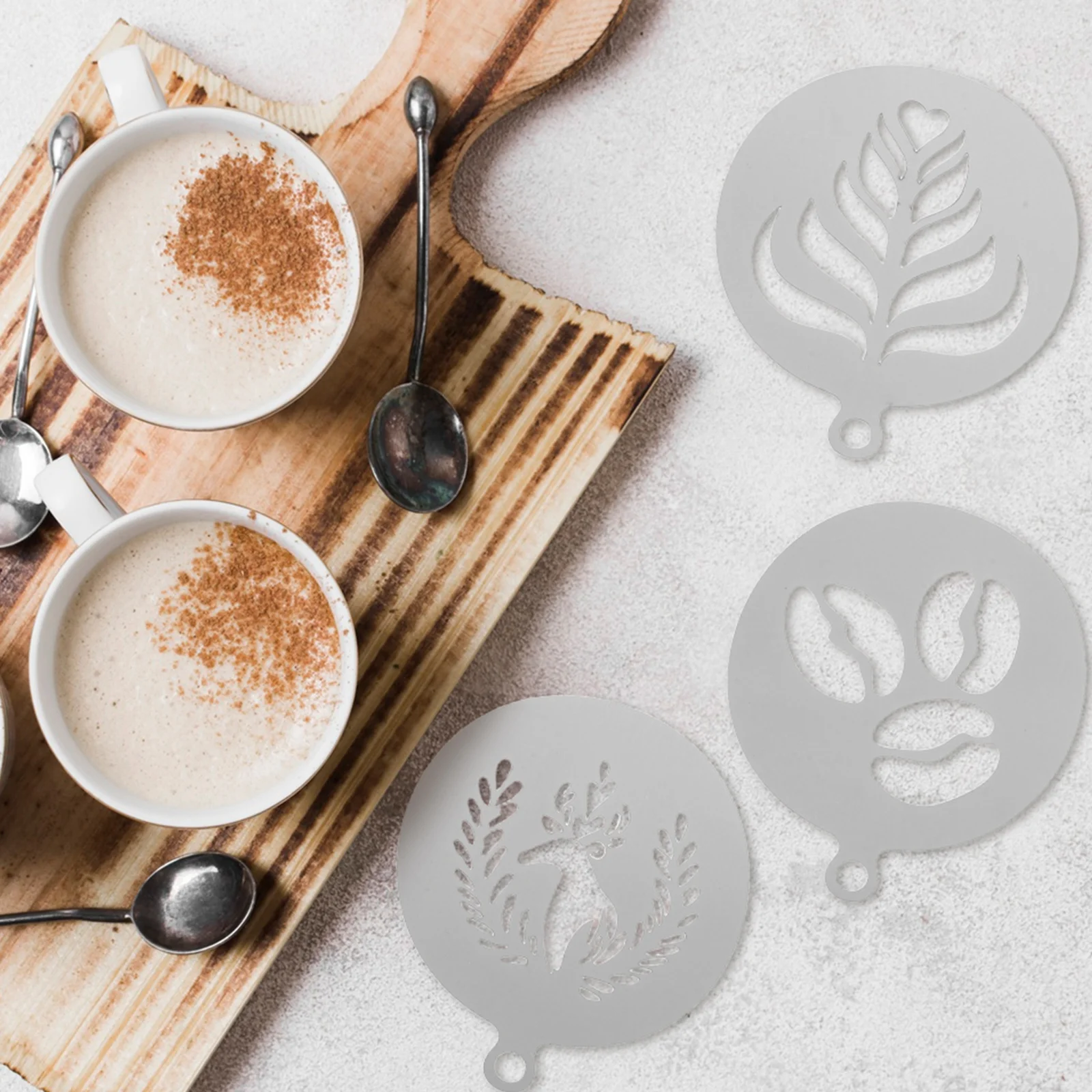 

4pcs Coffee Decorating Stencils Stainless Steel Latte Art Templates Cupcake Cake Cappuccino Mousse Cookie Dusting Powder Shaker