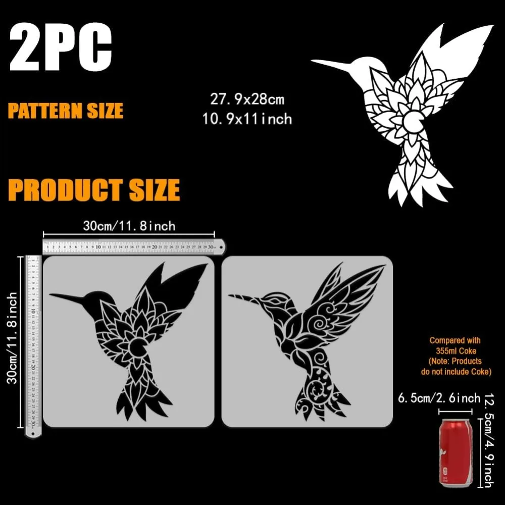 2 PCS Hummingbird Stencils for Painting 11.8x11.8 inch Plastic PET Birds Flowers Drawing Templates Hollowed Floral making kit