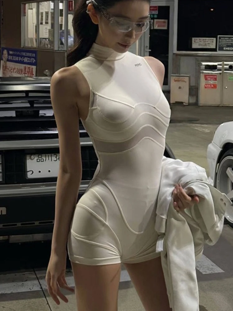 

Bangniweigou turtleneck lines patchwork skinny white playsuit women high street sleeveless bodysuit