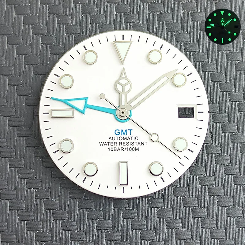 Zifferblatt-Zubehör, 28,5 mm GMT-Zifferblatt, grünes Paket, C3, leuchtend, kann mit Logo für 34 GMT NH-Uhrwerk, Uhrenzubehör angepasst werden