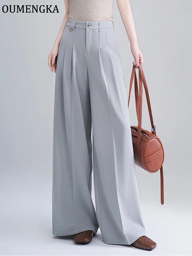 OUMENGKA Casual High Waist Loose Wide Leg Quality Pants Women Spring Summer New Female Suits Pants Ladies Gray Long Trousers