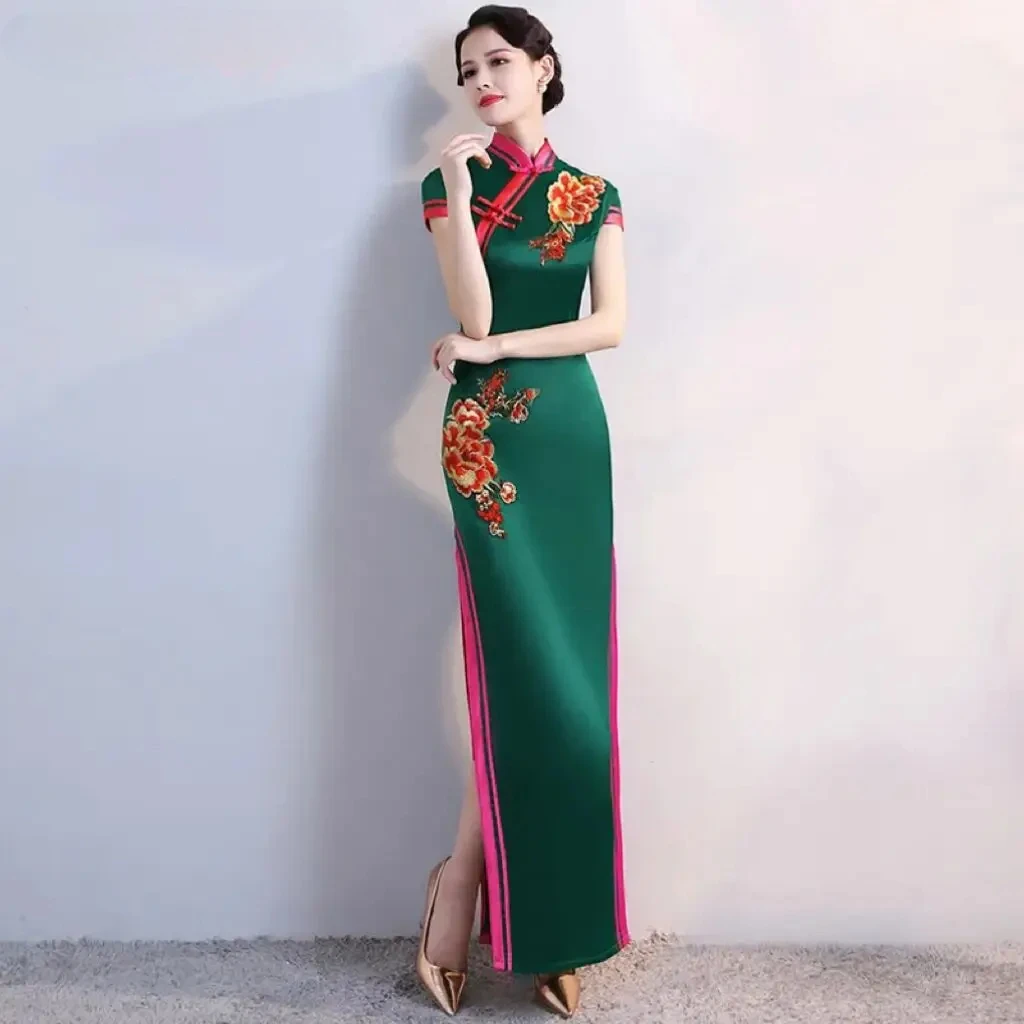 

S-5XL Grren Party Cheongsam Vintage Chinese Style Spring Long Evening Dress Oriental Woman Elegant Qipao Vestido