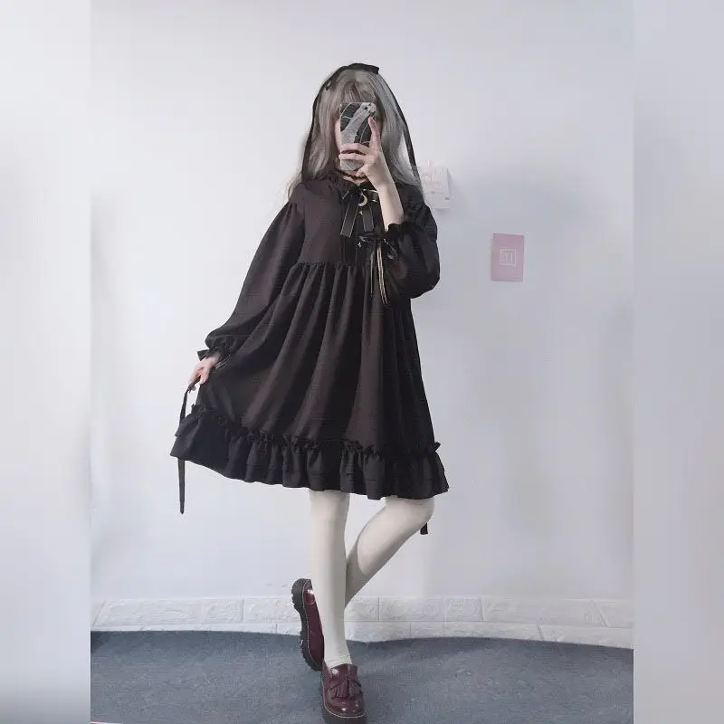 2024 New Cute Long Sleeve Loose Autumn New Bow Soft Sister Wind Belted Lolita Skirt Schoolgirl Fairy Dress