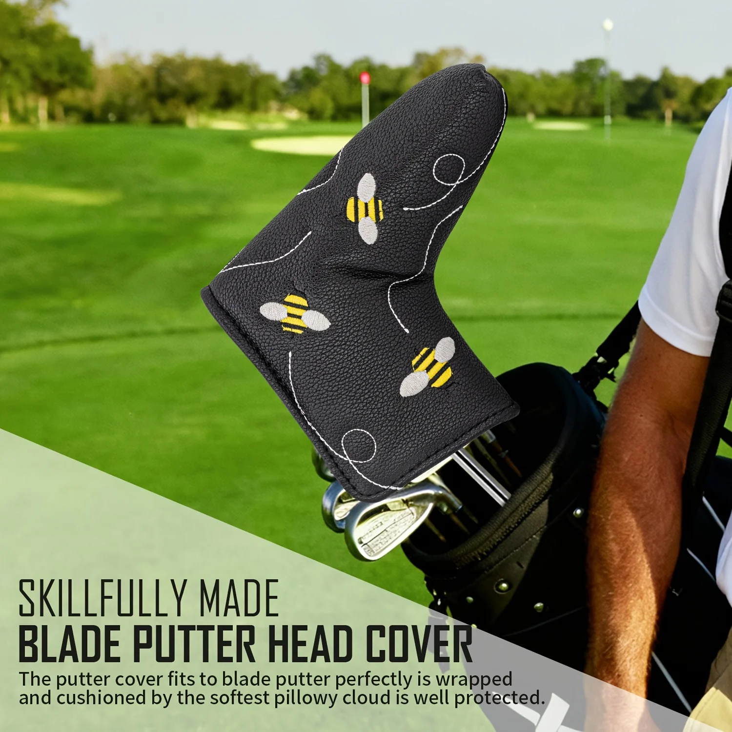 Little Bee Style And Crossbones Golf Putter Cover - Premium Blade Headcover with Soft Lining, Golf Club Accessory, Unique Gift image 2