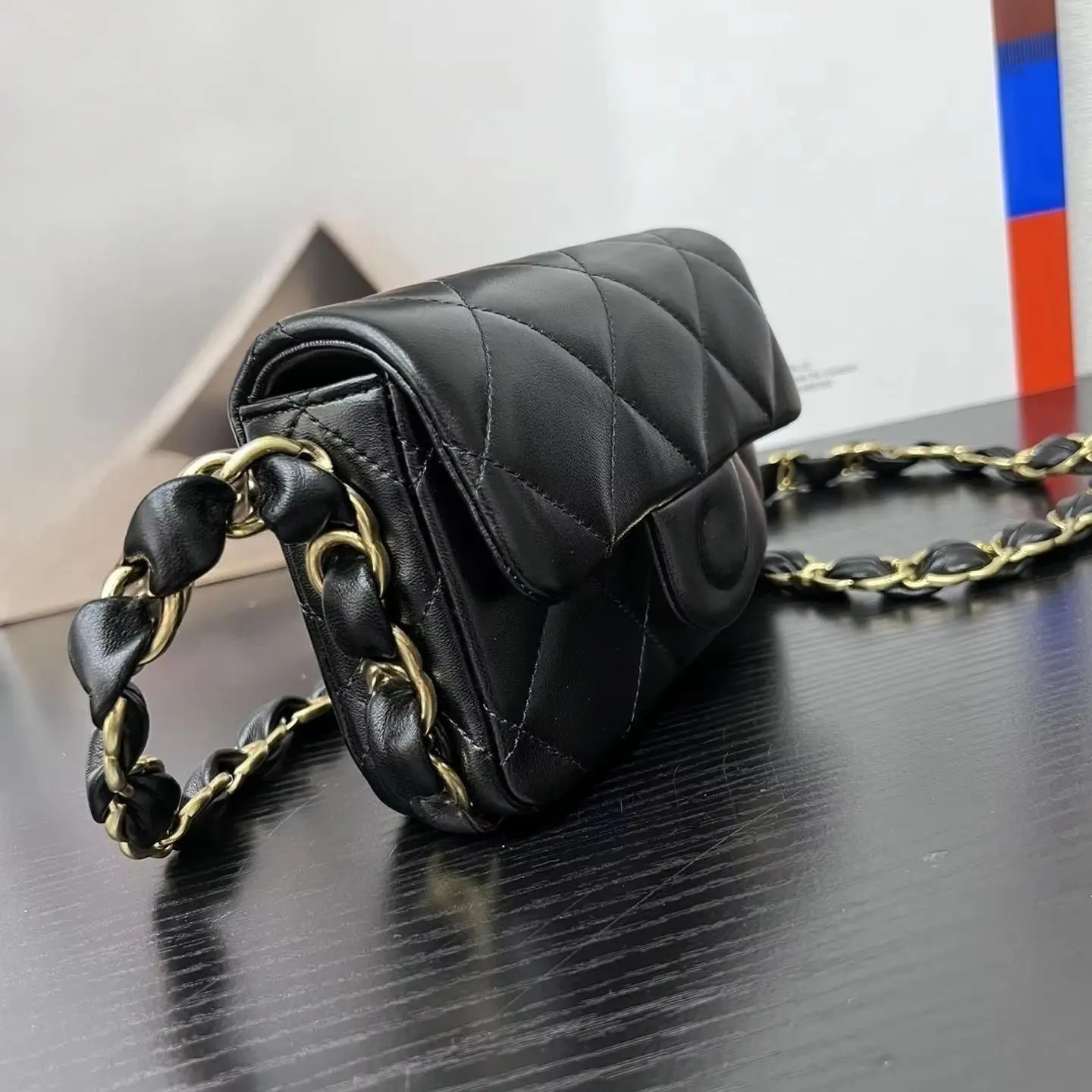 Black Diamond Quilted Mini Flap Bag Smooth Lambskin Leather Woven Gold Chain Crossbody Small Women Shoulder Handbag.