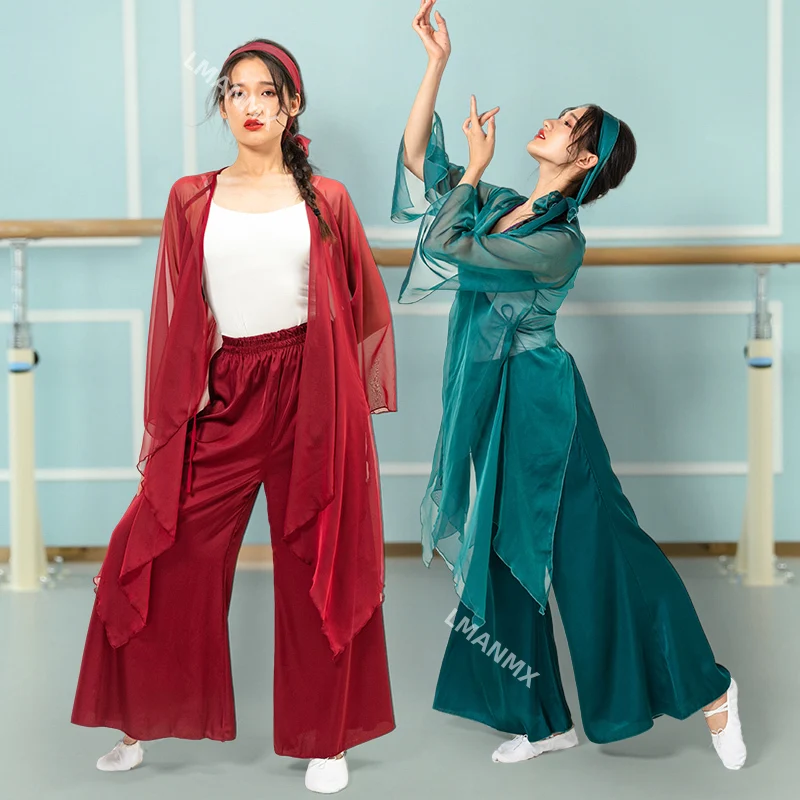 레드 레트로 쉬폰 드레스, 재즈 기질, 모던 댄스 쉬폰 드레스, 퍼포먼스 의상, 와이드 팬츠, 앤틱 스타일