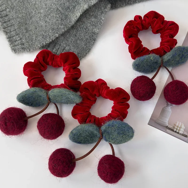 Cute Wool Felt Cherry Hair Scrunchies Red Velvet Headbands Girls Sweet Head Rope Women Ties Ponytail Rubber Band New Year's Gift