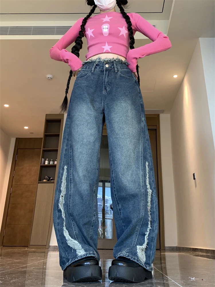 

Women's Edge Design Distressed Vintage Jeans Cool Girl High Waisted Streetwear Fashion Trouser Female Casual Denim Pants