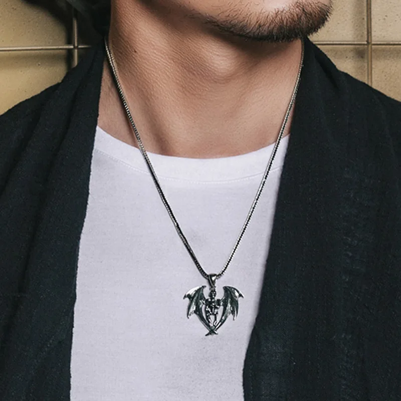 Buyee 925 Sterling Silver Male Big Pendant Chain Elegant Anglel Necklace for Men Fashion Unqiue Rock Punk Fine Jewelry Chain