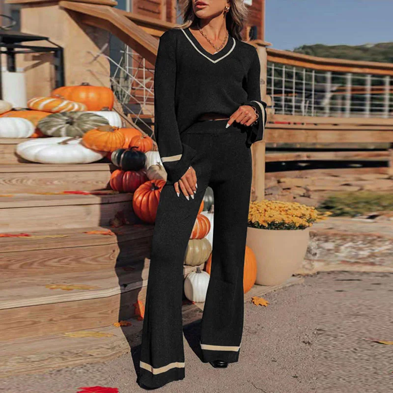 Two Piece Pant Sets Women V Neck Full Sleeve Tops High Waist Long Pants Straight Spliced Casual Suits Autumn Winter 2024