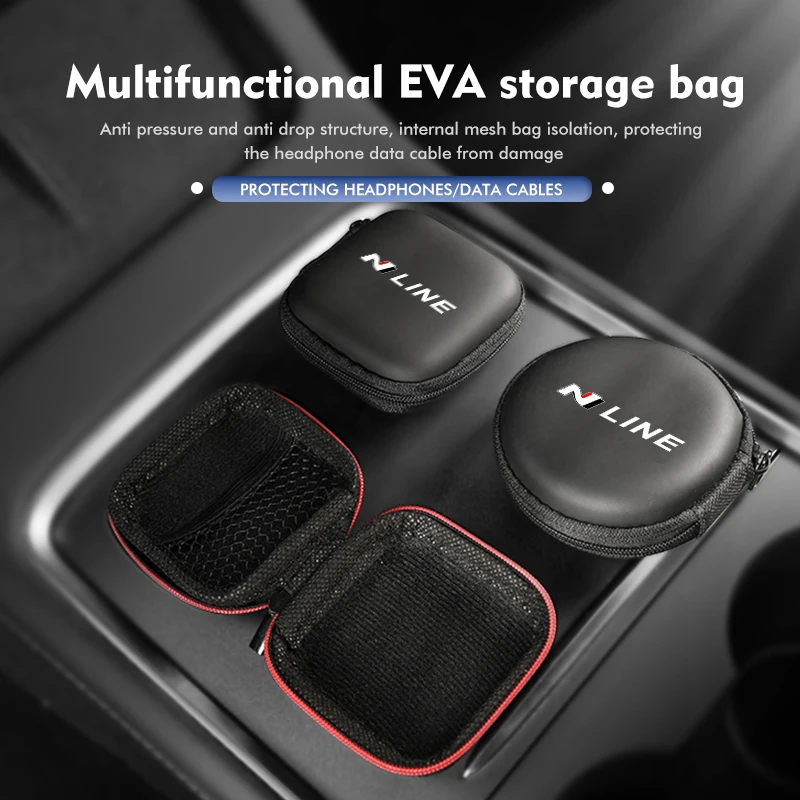 Car Logo Wate-proof Anti-drop Headphone Data Cable Storage Bag For Hyundai N LINE i30 i20 Sonata Accent Tucson Elantra Azera view 2