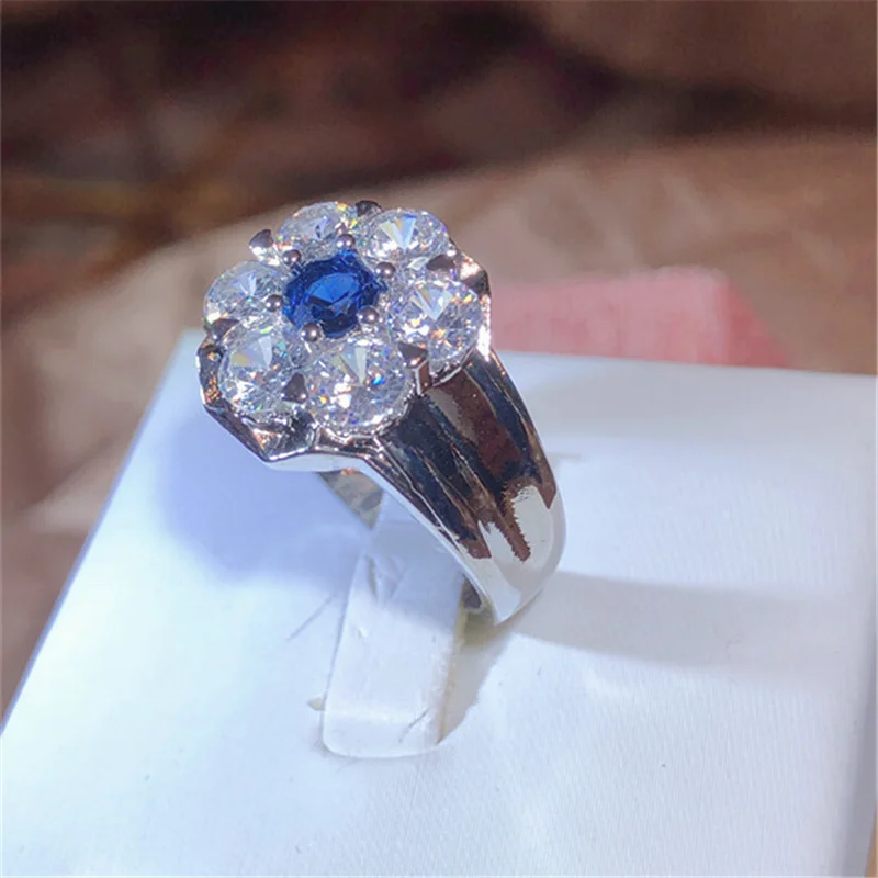 NEW Fashion Floral Round Sapphire Full Diamond Couple Ring For Women Geometric Silver-Plated Valentine's Day Gift Party Jewelry