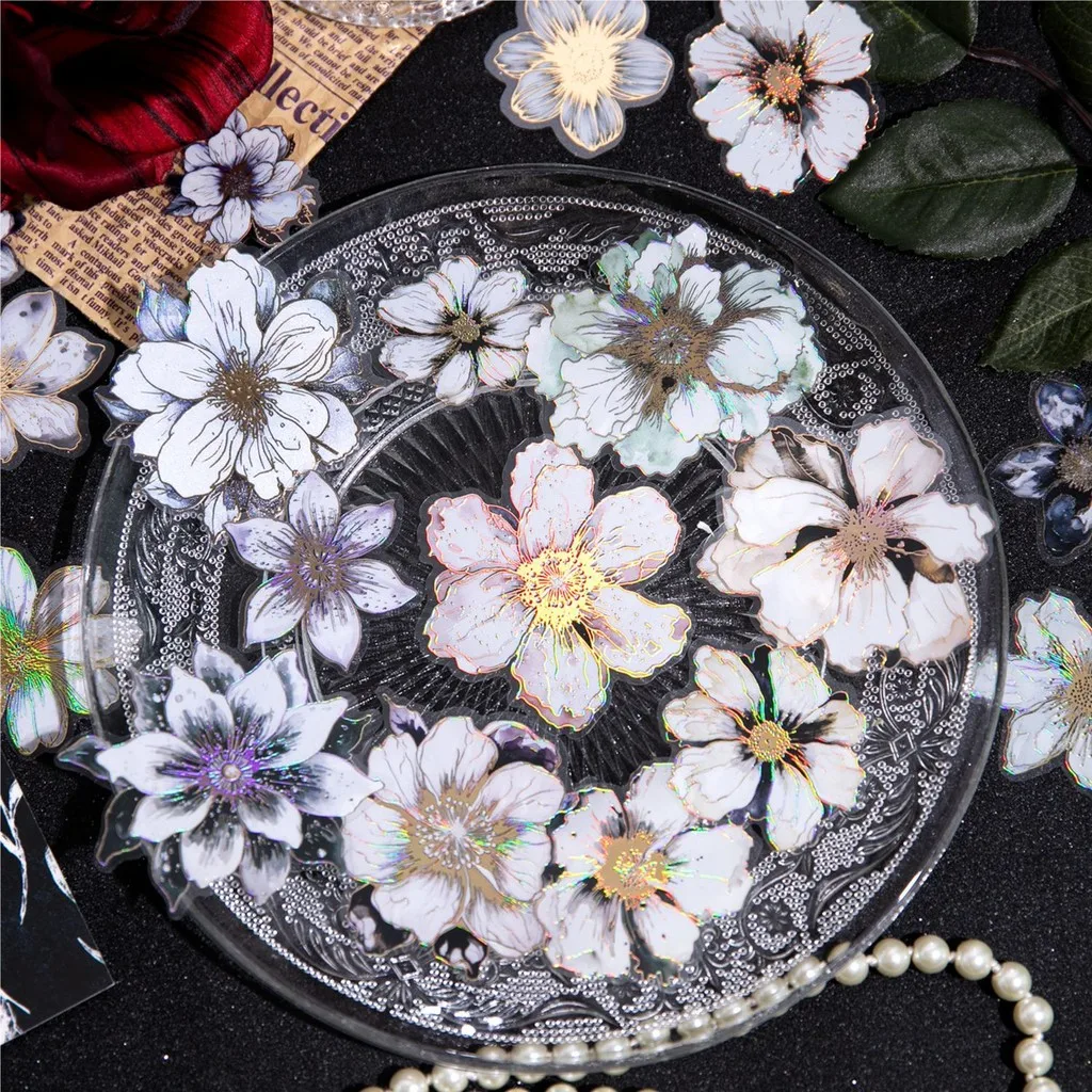 Journamm 20 Buah Stiker Bunga Proses Foil Emas untuk Perlengkapan Buku Tempel Stiker Kerajinan Jurnal Sampah Estetika