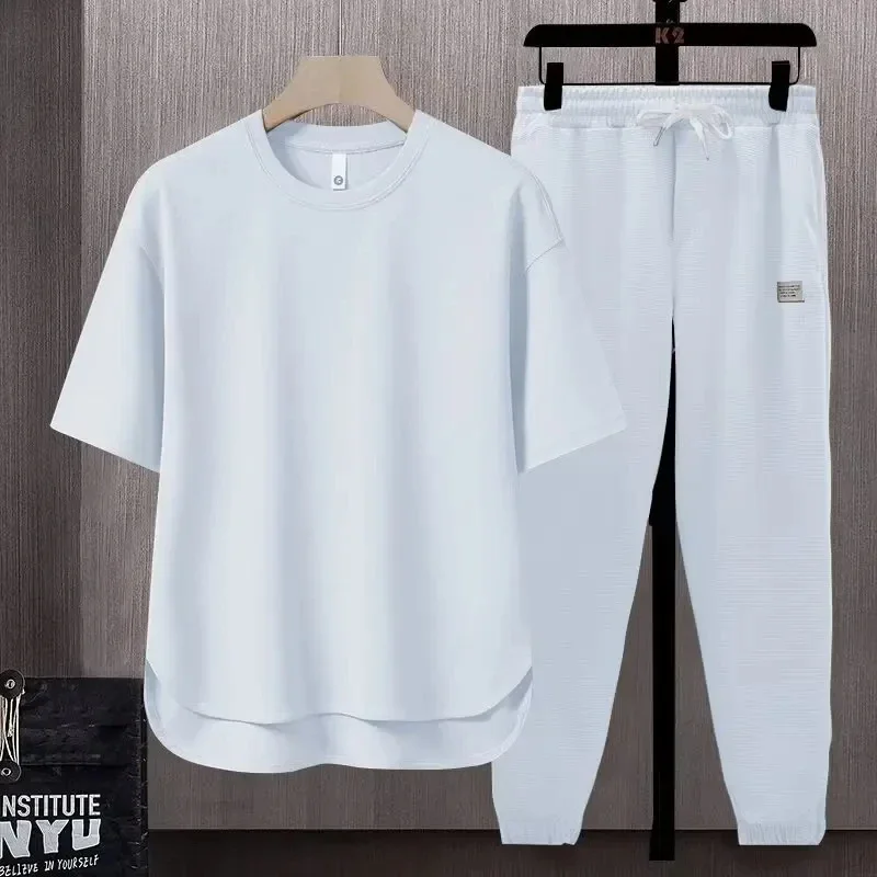 Summer Short-sleeved T-shirt Loose Drawstring Casual Suit Solid Color Men's T-shirt Drawstring Shorts Lazy Trend