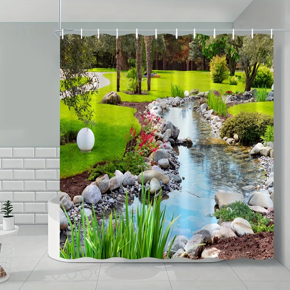 All-Season Scenic Landscape Shower Curtain: Easy Hang, Water-Resistant, Machine-Washable, Includes Hooks