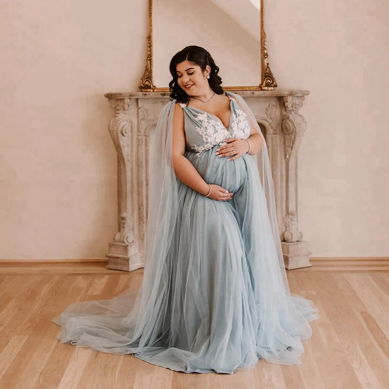 Photoshoot Maternity Dresses Applique Cape Behind Lush Maternity Gowns Layered Tulle Pregnant Dress Baby Shower Long