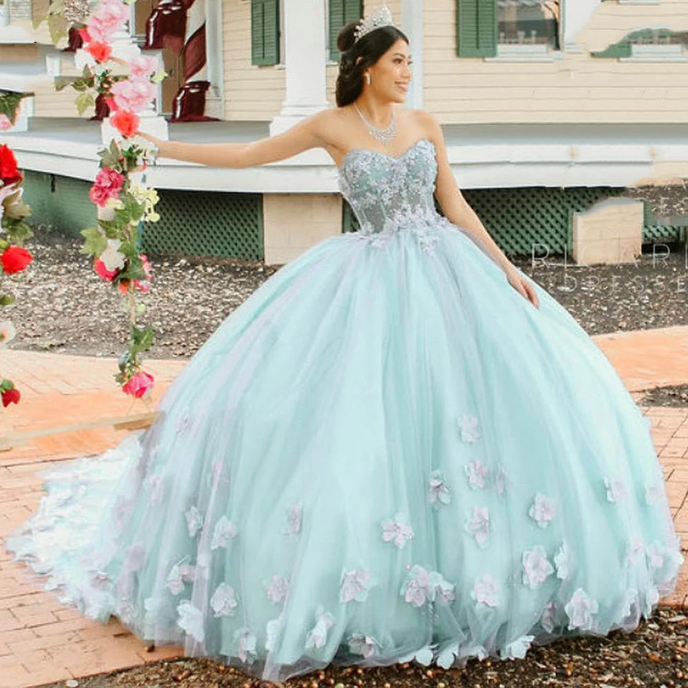 Lorencia-vestido De baile plisado con flores en 3D, vestido De quinceañera, apliques De corsé, México dulce 16, 15 Años, YQD513