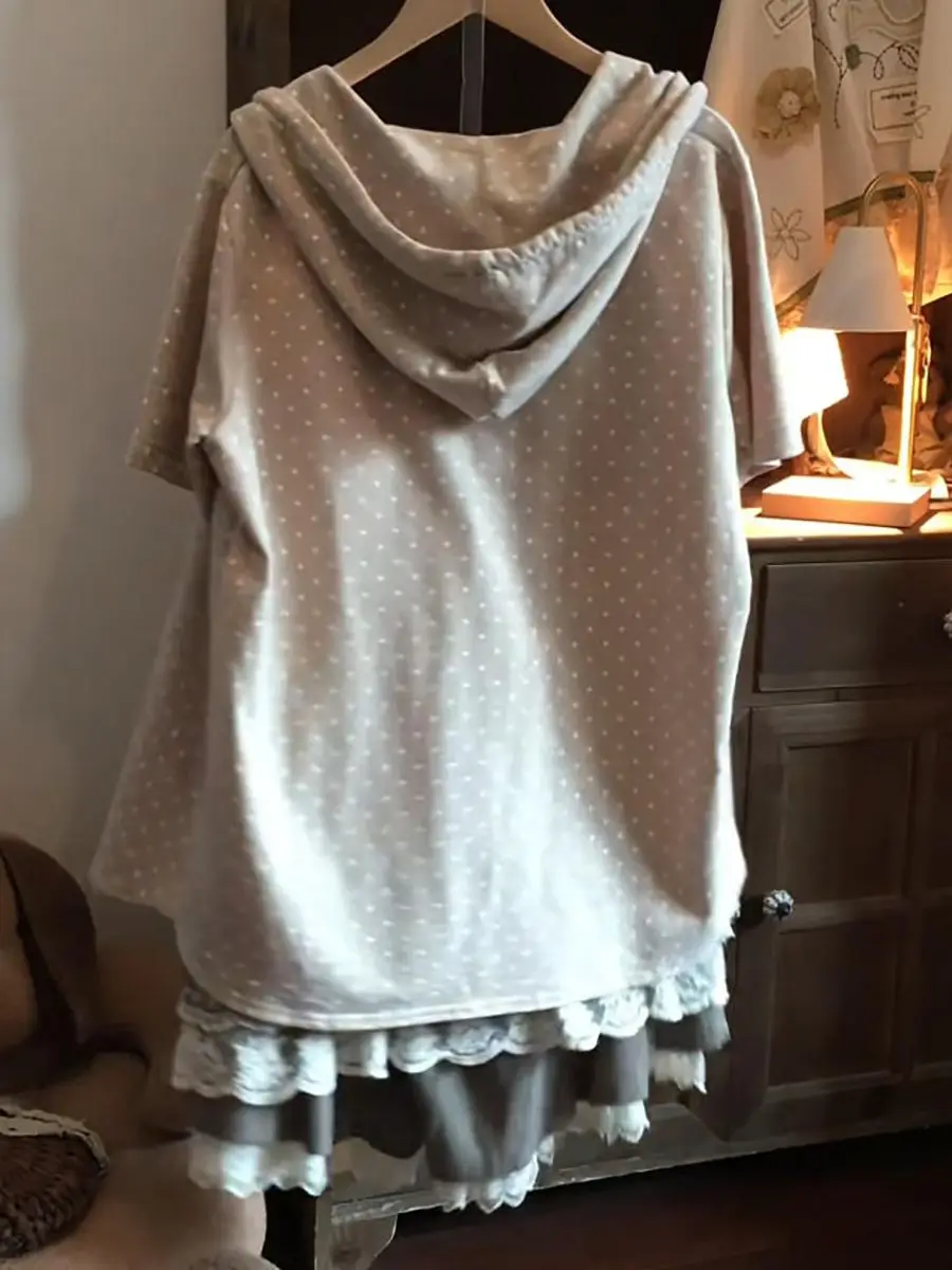 Vintage Japanese Sweet Elegant Camisole Dress Set Women Polka Dot Cropped Hooded Cardigan Lace Trim Slim Fit Dress Daily Outfit view 6