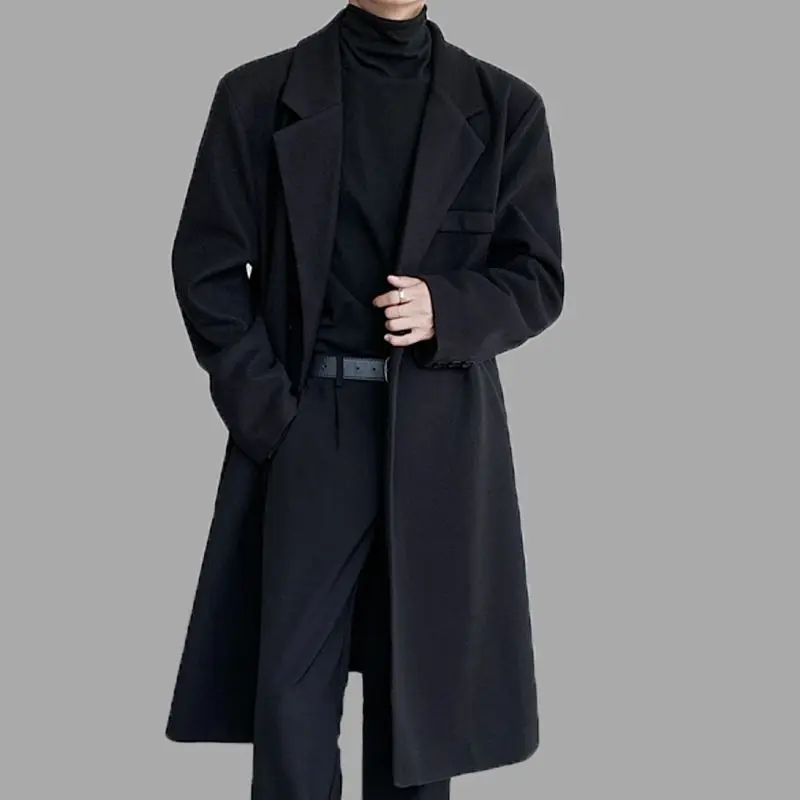 

Casual Men's Overcoat Knee-Length Woolen Coat Autumn Winter Youth Faion Stand Fit Single Button Print Suit Collar Coat