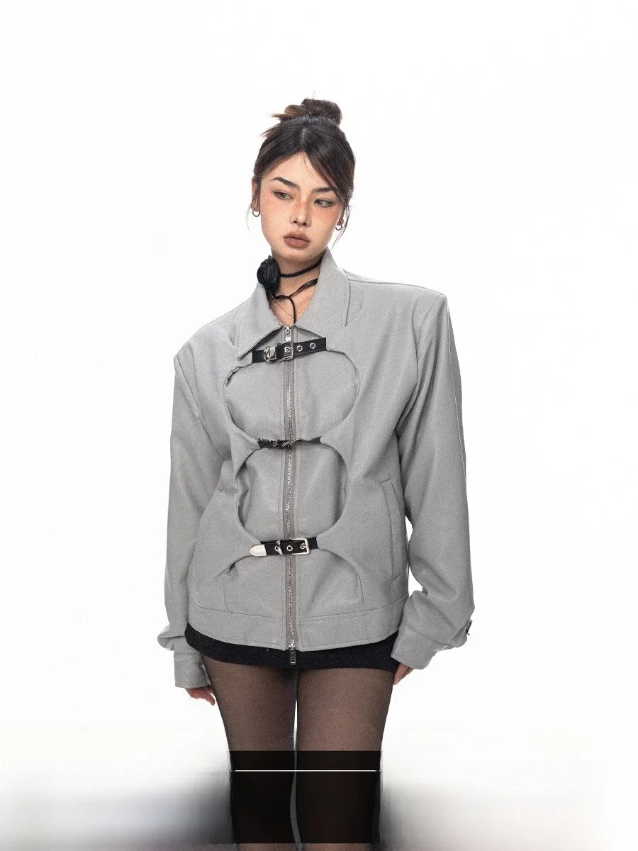 Blackbb Street Style Decomposed Jacket with Button Decorations Multi-Way Strap High-End Feel PU Leather Long Sleeve Top