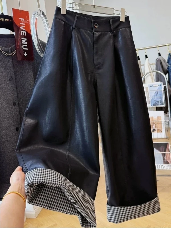 

Широкие брюки унисекс из искусственной кожи с клетчатым узором и ретро-пэчворком, большие размеры, осень-зима