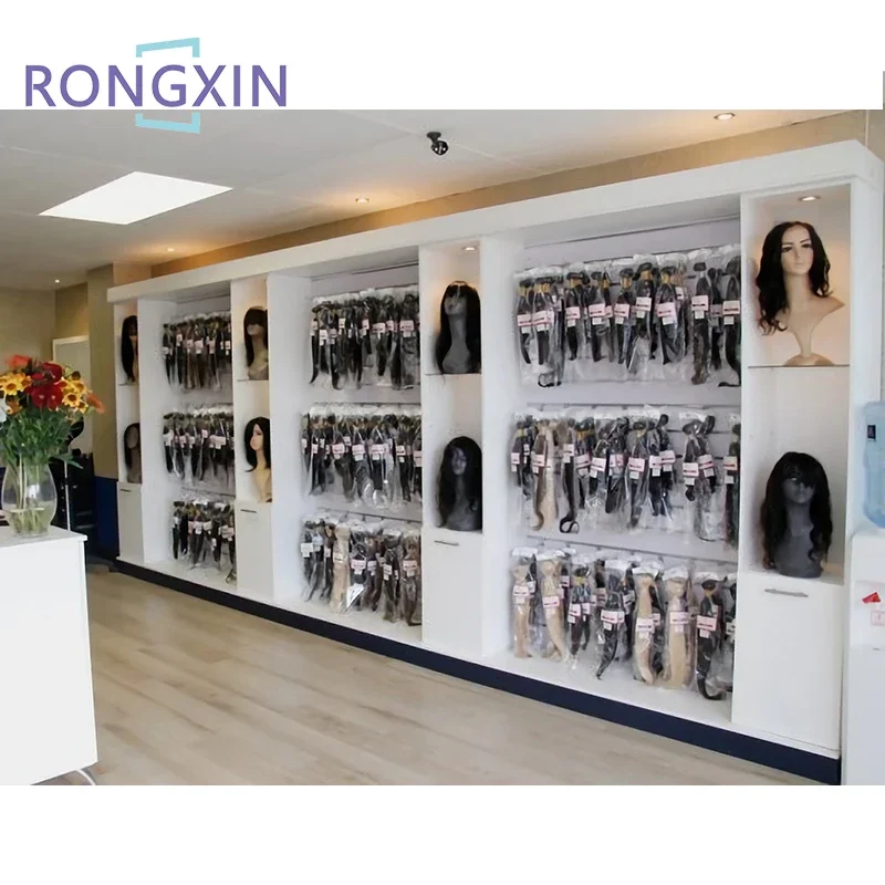 Retail Hair Salon Furniture Hair Extension Wig Shop Display Shelf Human Hair Display Cabinet With LED Light